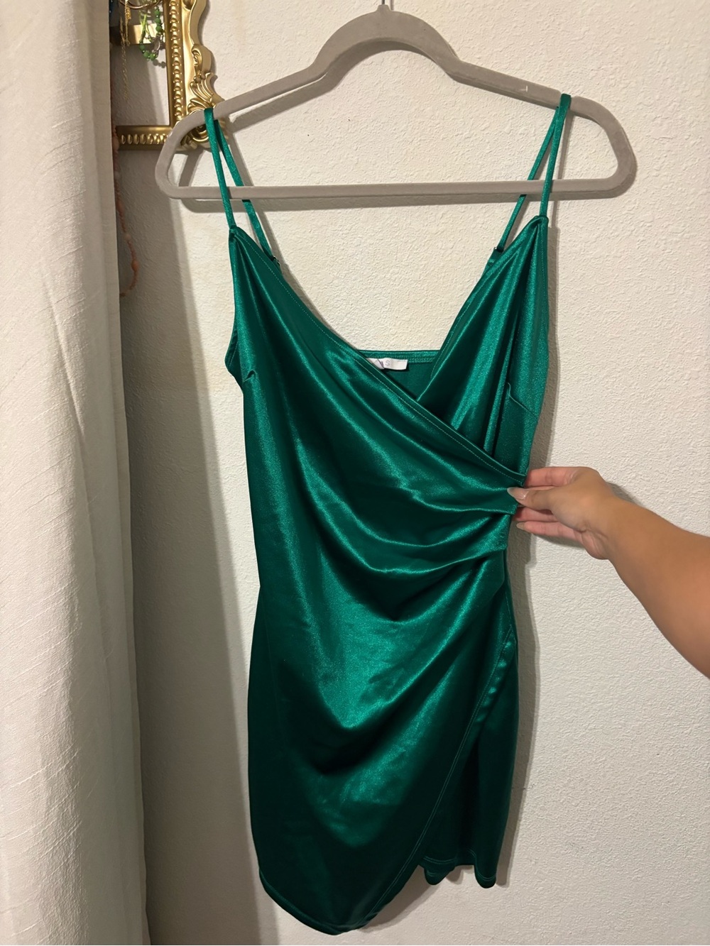 Emerald Satin Slip Dress with Draped Front